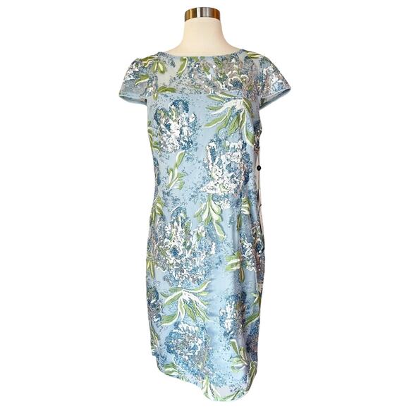 ADRIANNA PAPELL Sheath Cocktail Dress Blue Embellished Sequins Short Sleeves 8 - Picture 2 of 12